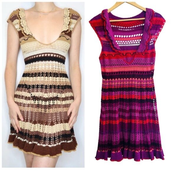 VTG Betsey Johnson Crochet Cover-Up Dress S Boho Y2K Festivalcore Rare Colorful - Picture 1 of 12